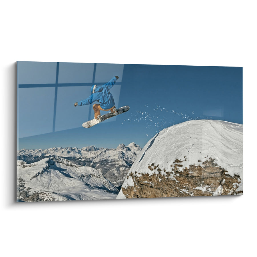 Tableau Snowboardeur bleu et beige survolant un pic rocheux - Chaîne de montagnes lointaines - Edition Snowboard