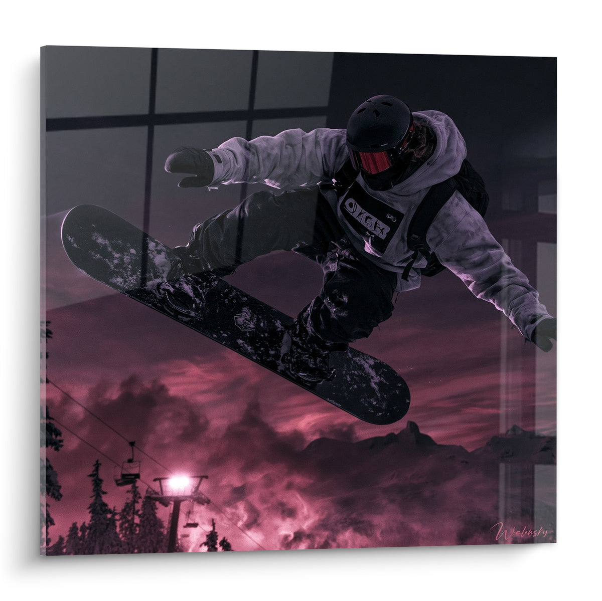 Wall art snowboarder suspended mid-jump, grey suit, purple sky and intense black in the background