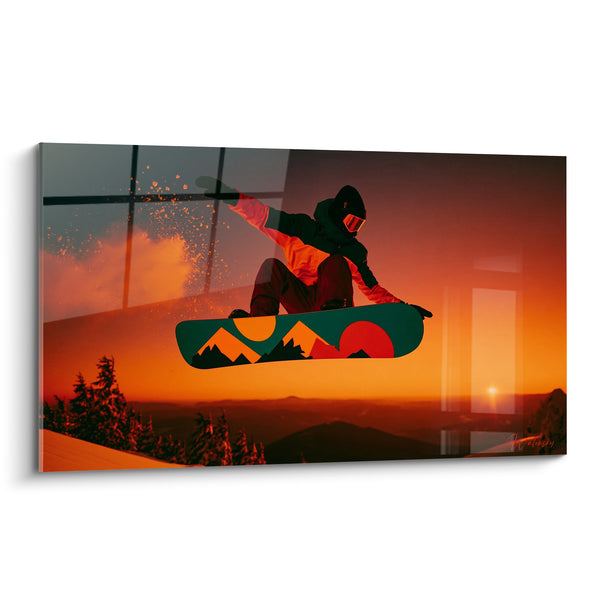 Gemälde Snowboarder im Sprung bei Sonnenuntergang - Flug in der Dämmerung - Snowboard Edition