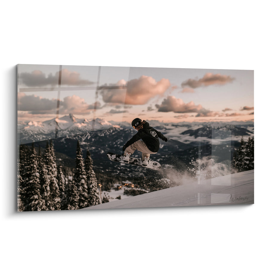 Tableau Snowboardeur noir et blanc en saut - Envol immaculé - Edition Snowboard