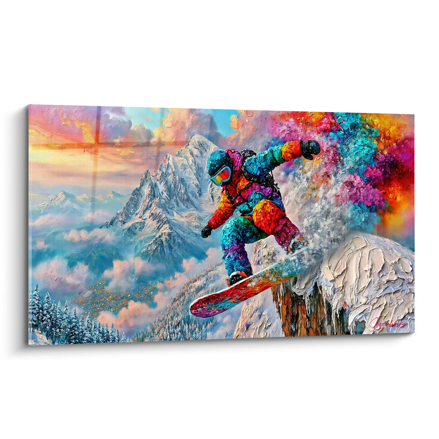 Tableau Snowboardeur multicolore au bord d'une corniche rocheuse - Village enneigé lointain - Edition Snowboard