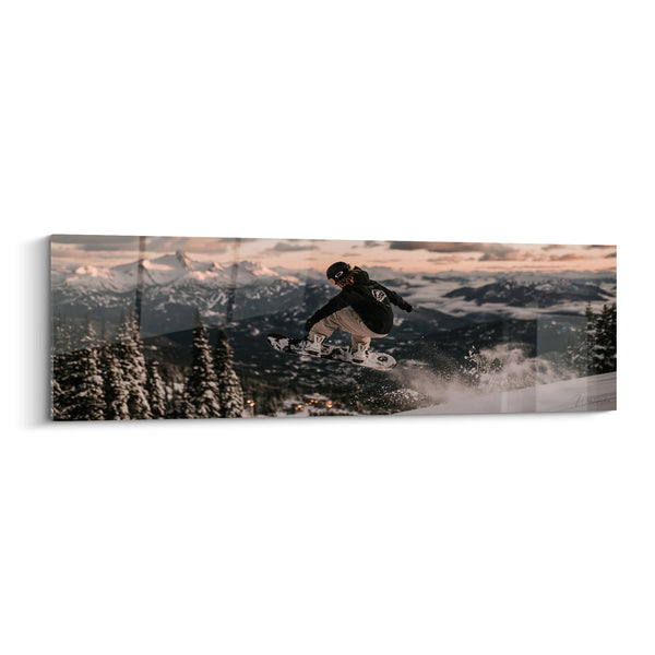 Tableau Snowboardeur noir en saut panoramique - Envol montagnard - Edition Snowboard