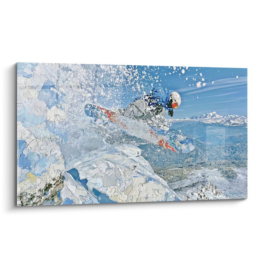 Tableau Snowboardeur bleu et blanc surplombant une vallée boisée - Chaîne de montagnes lointaines - Edition Snowboard