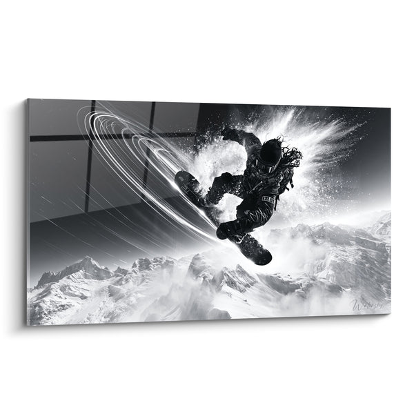 Tableau Snowboardeur noir et blanc en spirale lumineuse - Anneaux de lumière - Edition Snowboard
