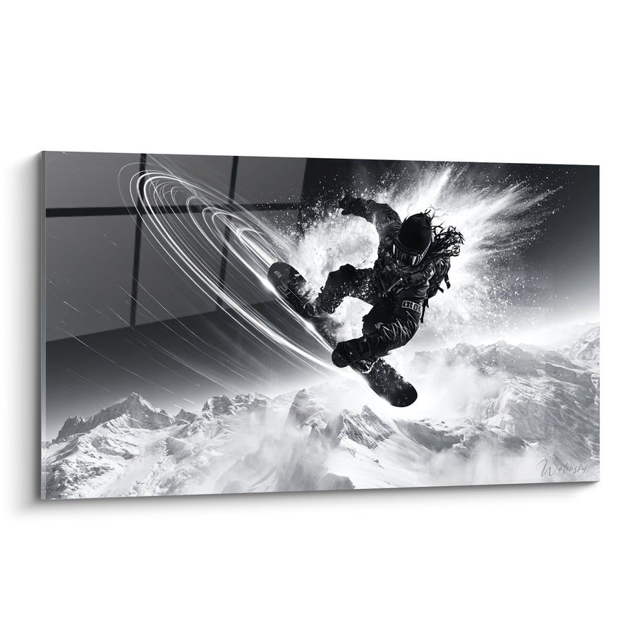Tableau Snowboardeur noir et blanc en spirale lumineuse - Anneaux de lumière - Edition Snowboard