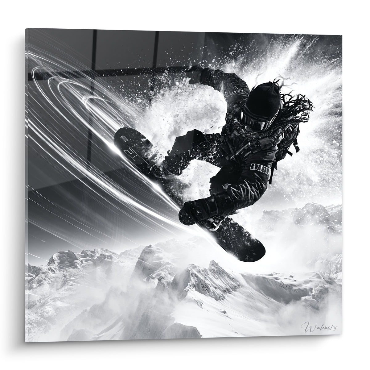 Gemälde eines in Schwarz gekleideten Snowboarders im Sprung, weißer Schnee explodiert ringsum, Berge im Hintergrund