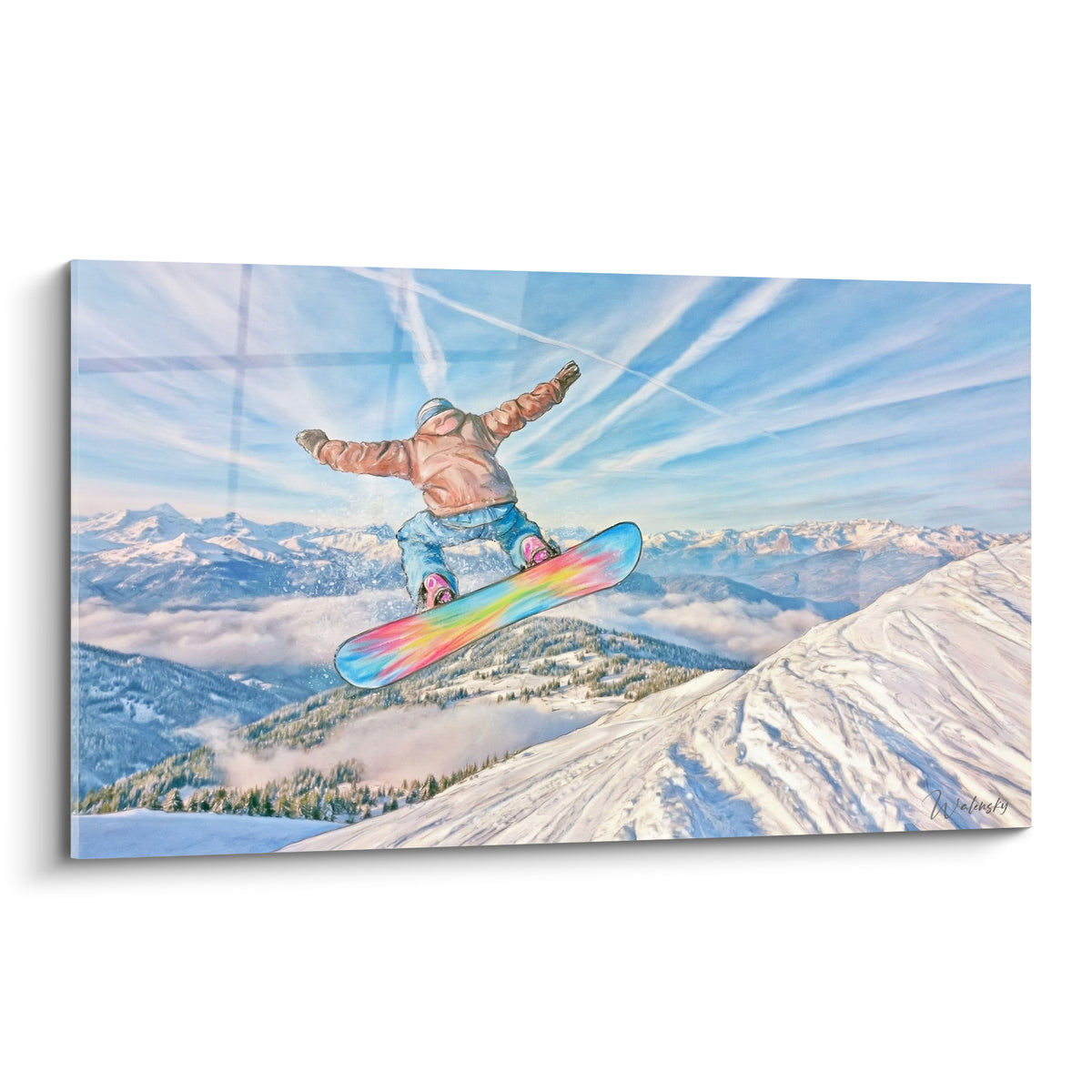 Snowboardeur en saut, veste camel et planche turquoise-rose, ciel bleu strié de nuages