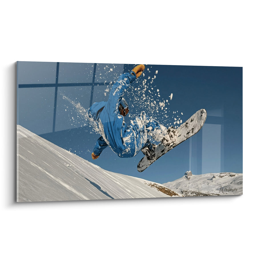 Tableau Snowboardeur bleu et blanc en éclaboussure de neige - Gants dorés relevés - Edition Snowboard