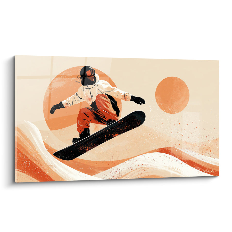 Tableau Snowboardeur beige et terracotta près de cercles solaires - Vagues stylisées ondulantes - Edition Snowboard