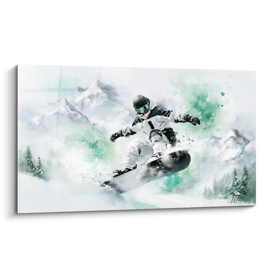 Tableau Snowboardeur en saut sur fond vert émeraude - Envol glacé - Edition Snowboard