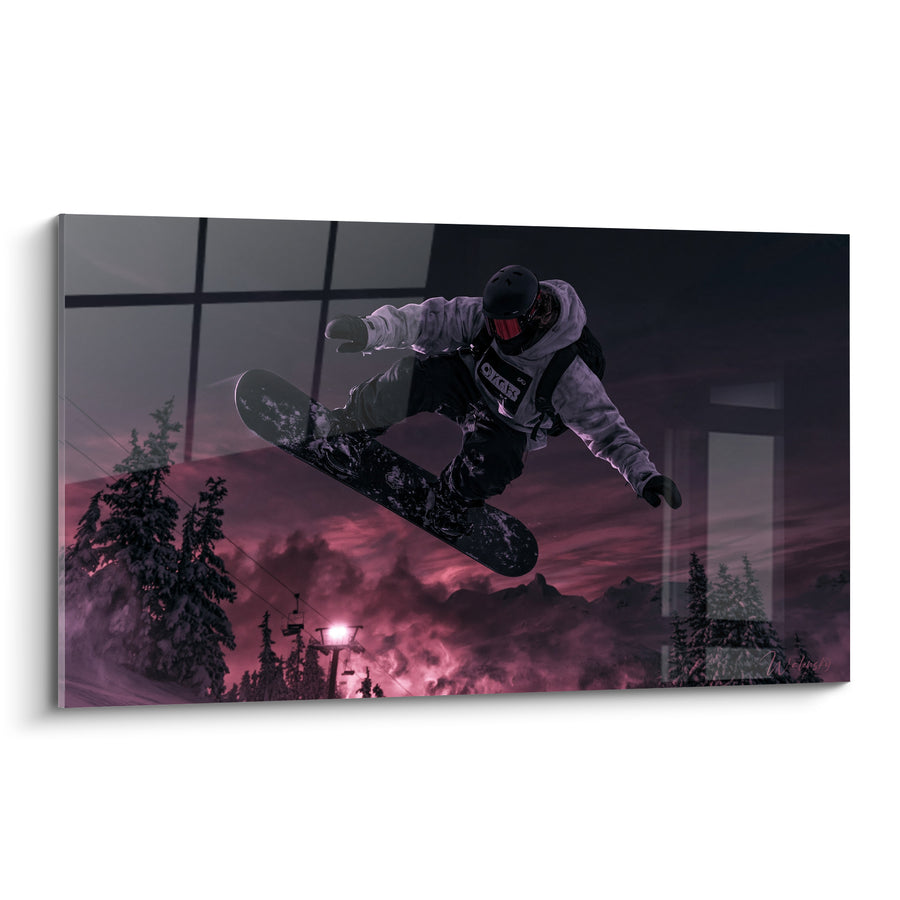 Tableau Snowboardeur blanc et noir sous ciel pourpre embrasé - Télésiège et lampadaire allumé - Edition Snowboard