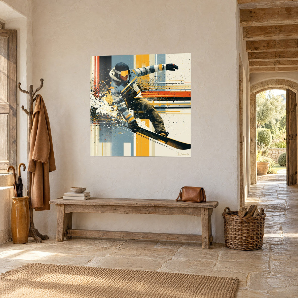 Tableau rider penché sur sa planche noire, bandes verticales ocre et bleu acier, gerbe de neige blanche, sur un mur de pierre près d'une arche
