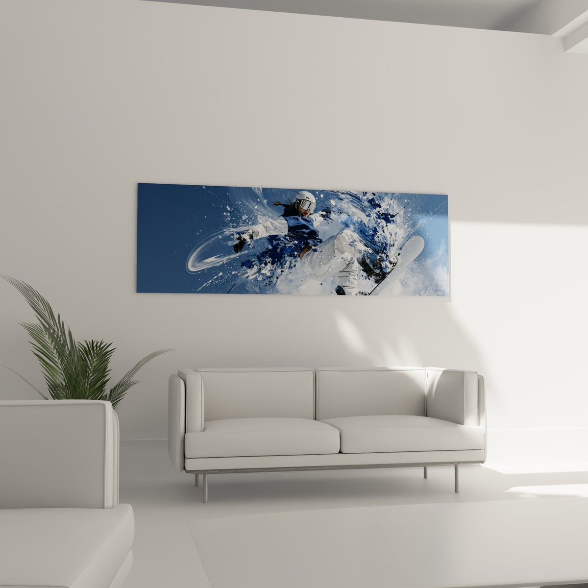 Silhouette casquée en bleu marine surgissant d'une explosion de neige blanche, au-dessus d'un canapé dans un salon lumineux
