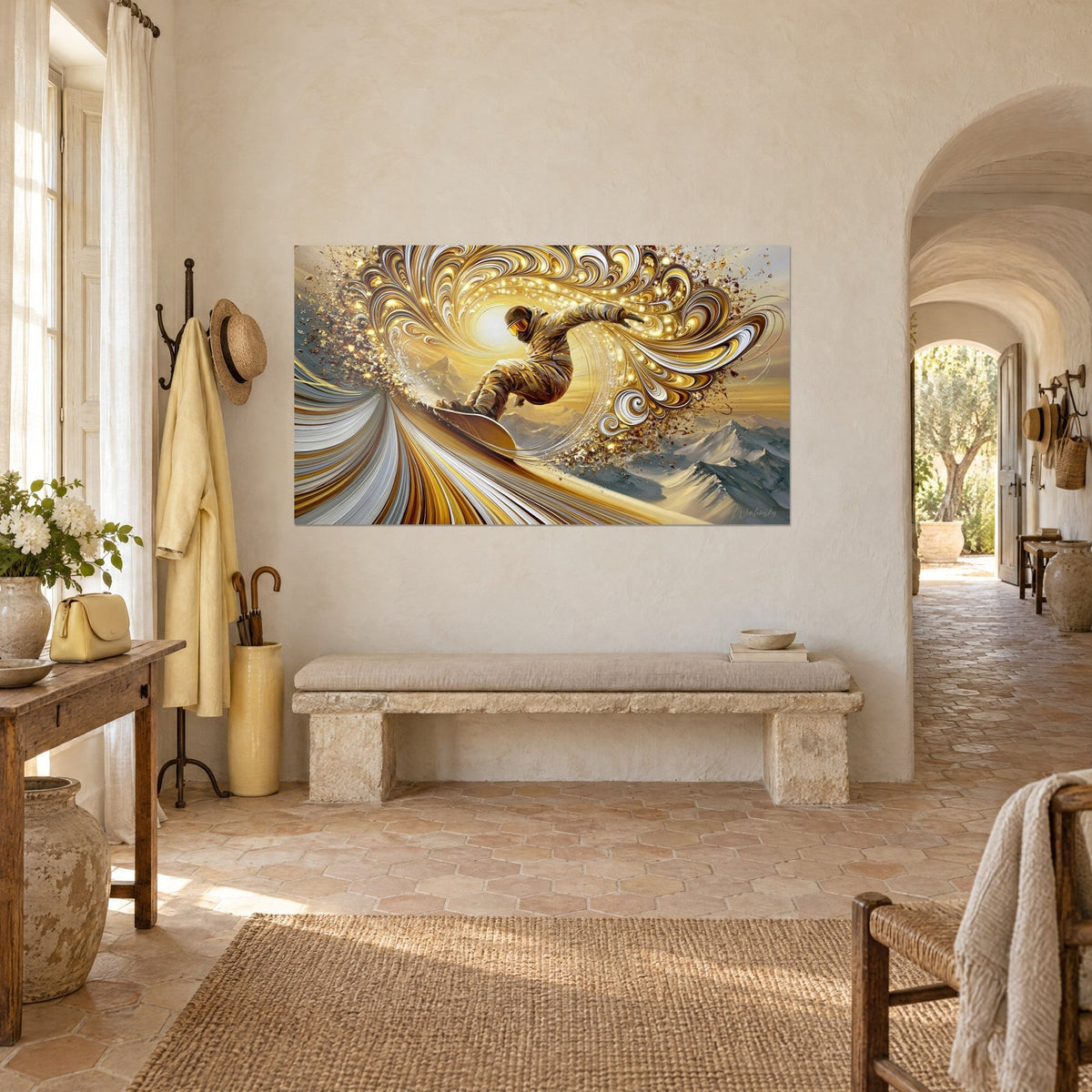 Tableau surfeur des neiges lancé dans un tourbillon d'or et d'argent, sommets gris-bleu, dans un mas provençal en pierre claire