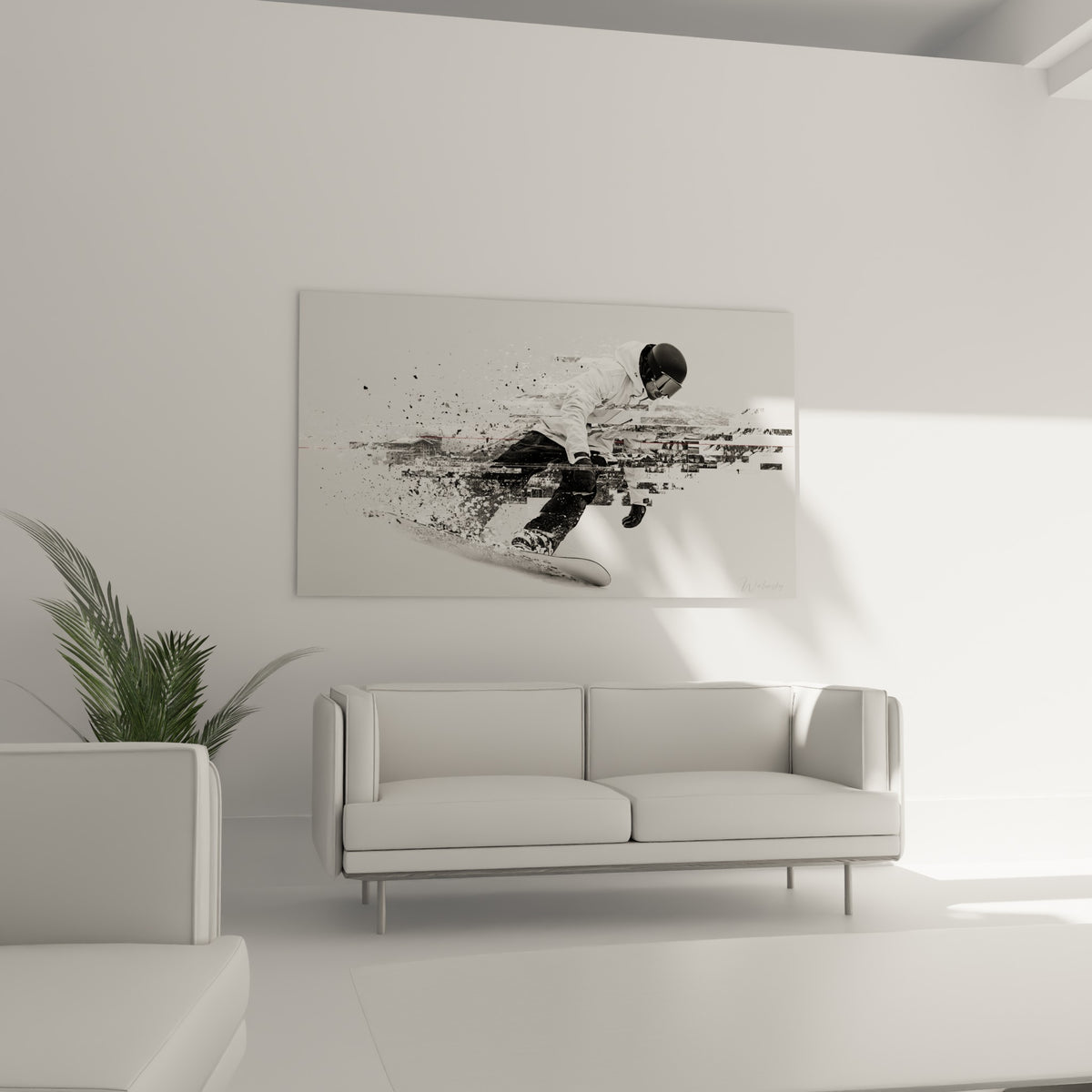Silhouette éclatée en particules grises et blanches d'un snowboardeur, au-dessus d'un canapé dans un salon lumineux