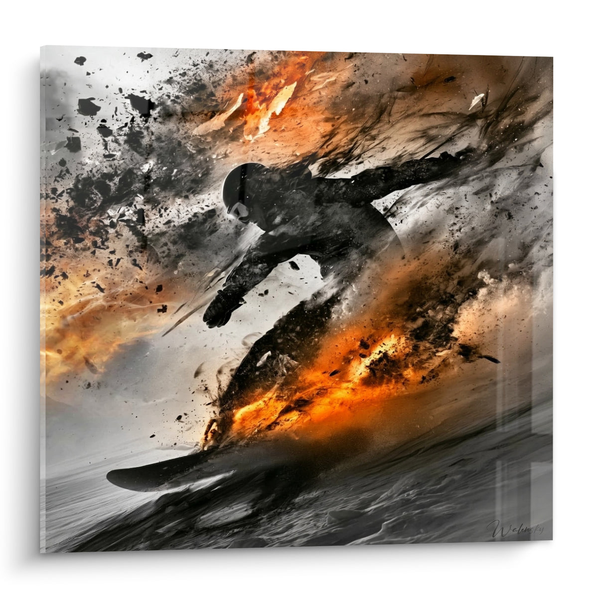 Snowboardeur silhouette noire cerclée de flammes orange et de fumée grise, virage saisissant
