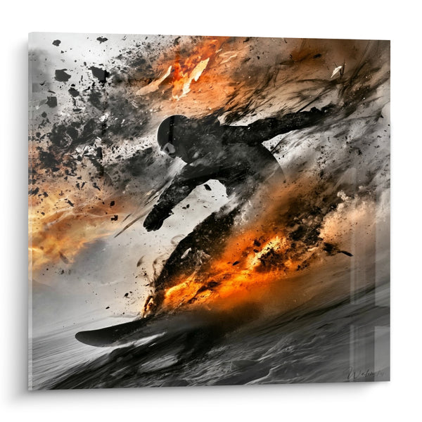 Tableau Snowboardeur silhouette noire et flammes orange - Descente explosive - Edition Snowboard