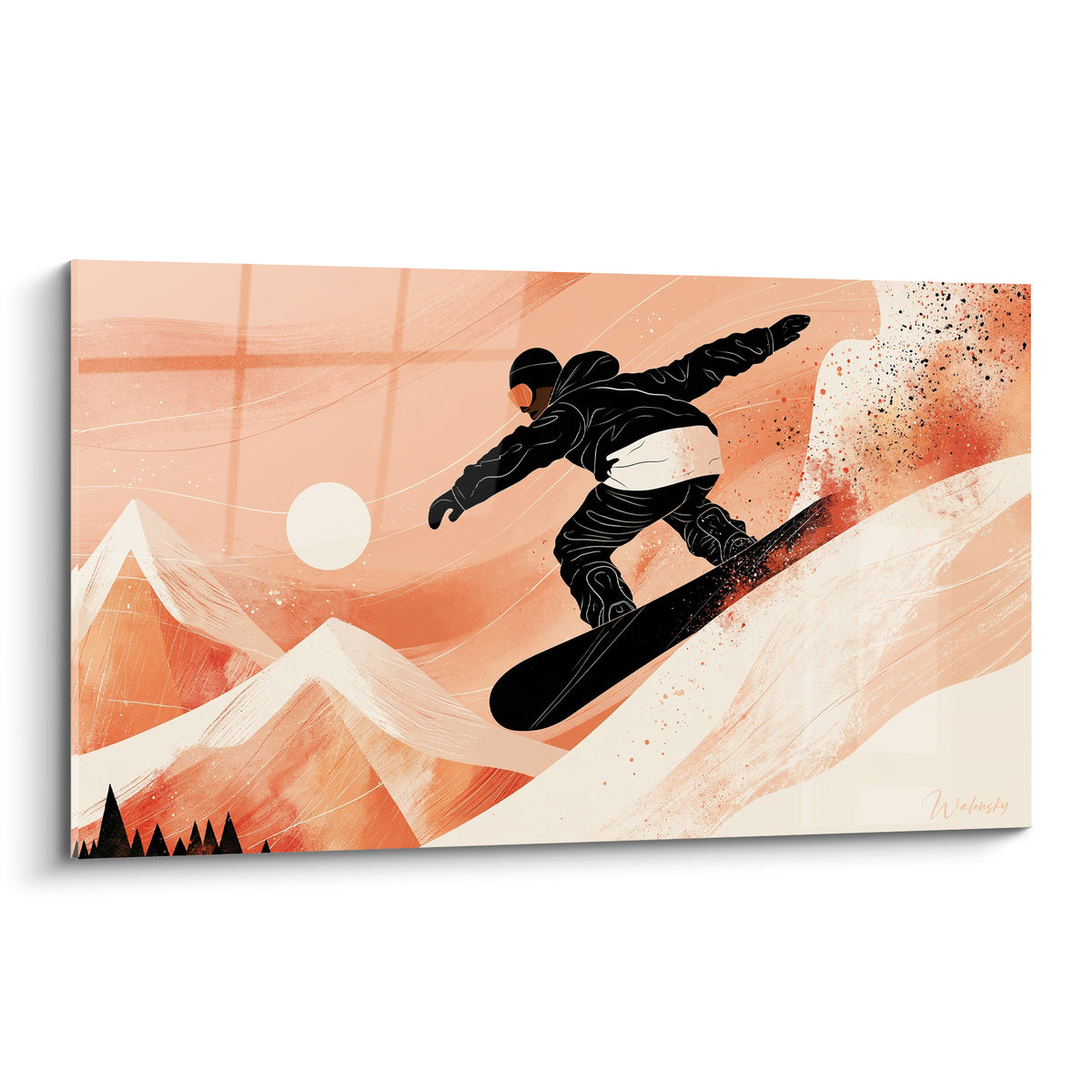 Snowboardeur noir en plein saut sur fond terracotta et crème, style illustratif dynamique