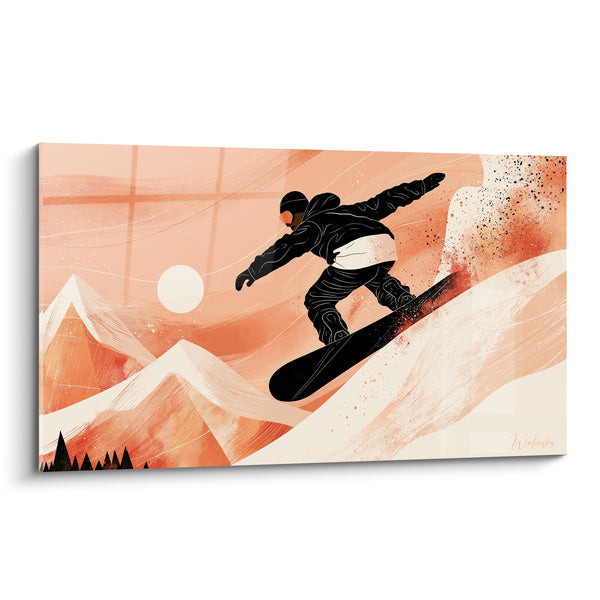 Snowboarder Painting Black and Peach Pale Sun - Triangular Peaks Below - Snowboard Edition