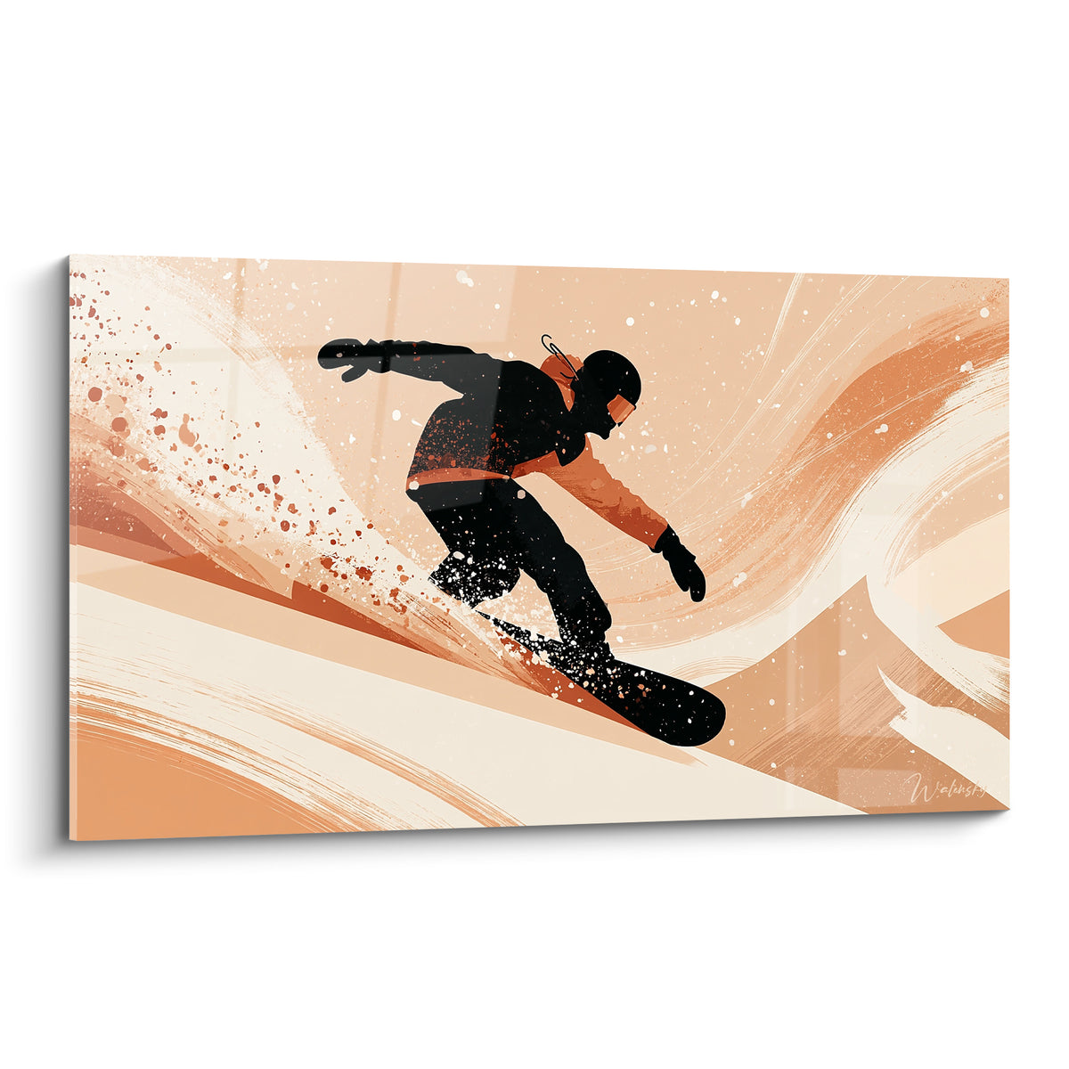 Tableau rideur en silhouette noire et terracotta sur planche, fond crème aux vagues orangées