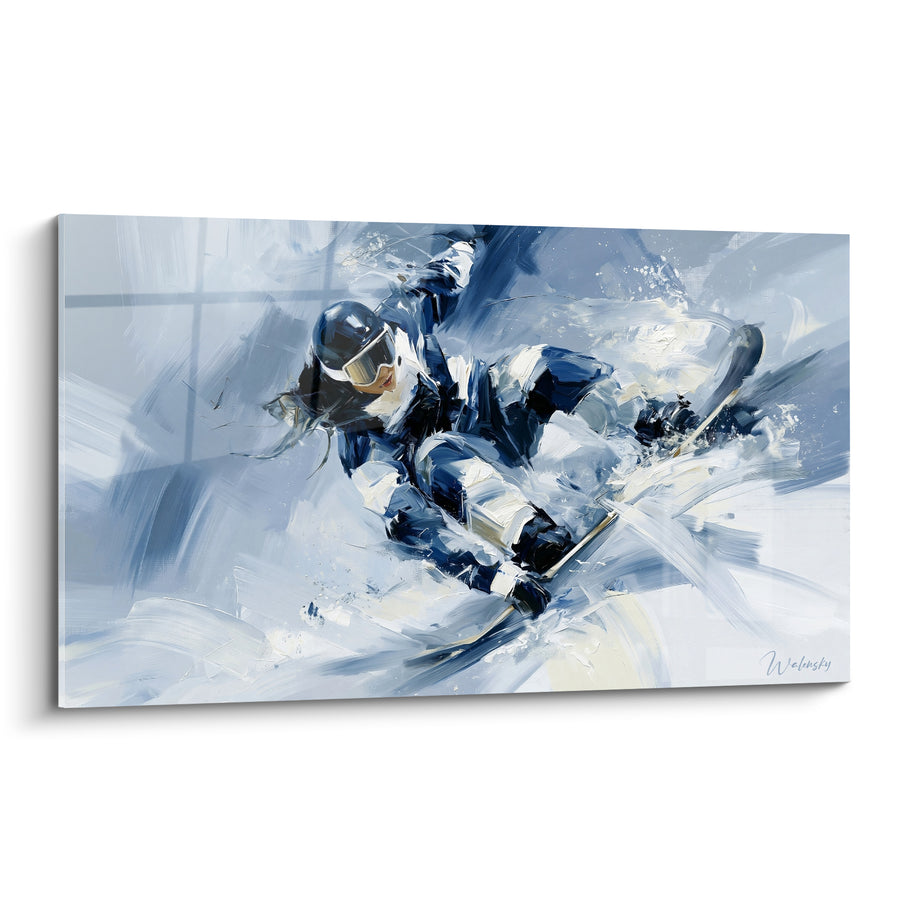 Tableau Skieur bleu marine et blanc penché en virage - Cheveux dénoués au vent - Edition Snowboard