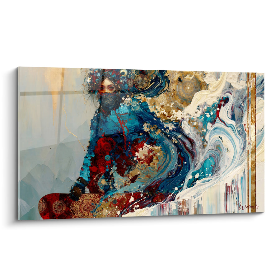 Tableau Skieuse voilée aux tourbillons bleu et rouge - Regard dans la tempête - Edition Snowboard