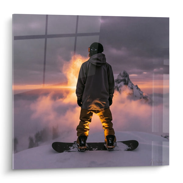 Tableau Snowboardeur face à un sommet enflammé - Lever de feu - Edition Snowboard