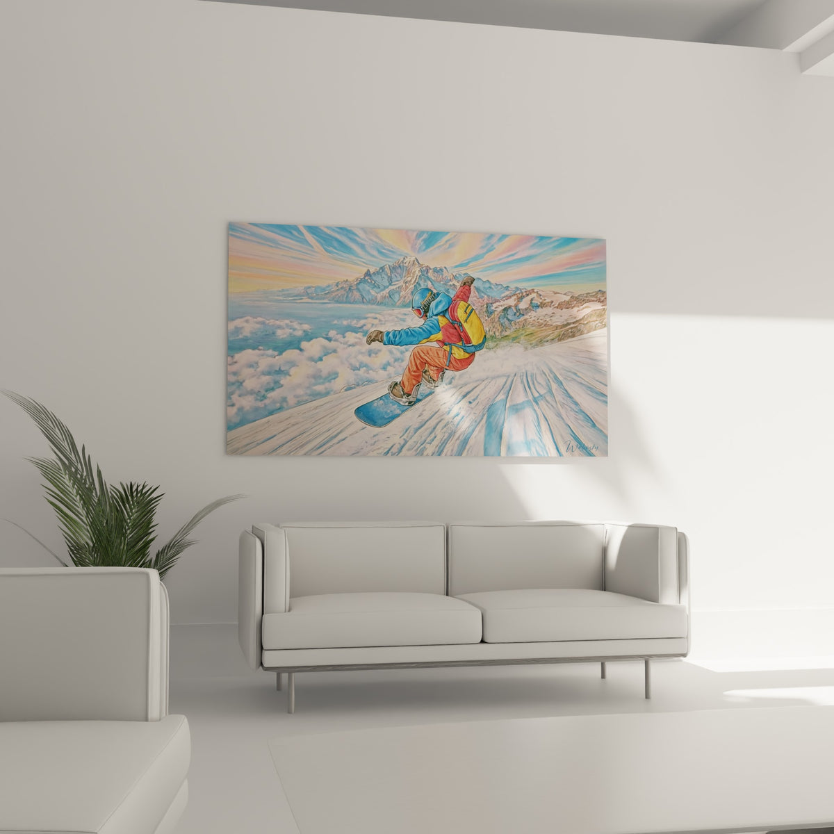 Descente à snowboard dans un décor de montagne rose et bleu, au-dessus d'un canapé dans un salon lumineux