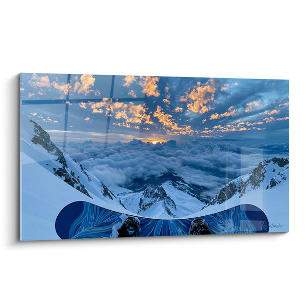 Tableau Sommet enneigé aux nuages dorés - Instant suspendu - Edition Snowboard