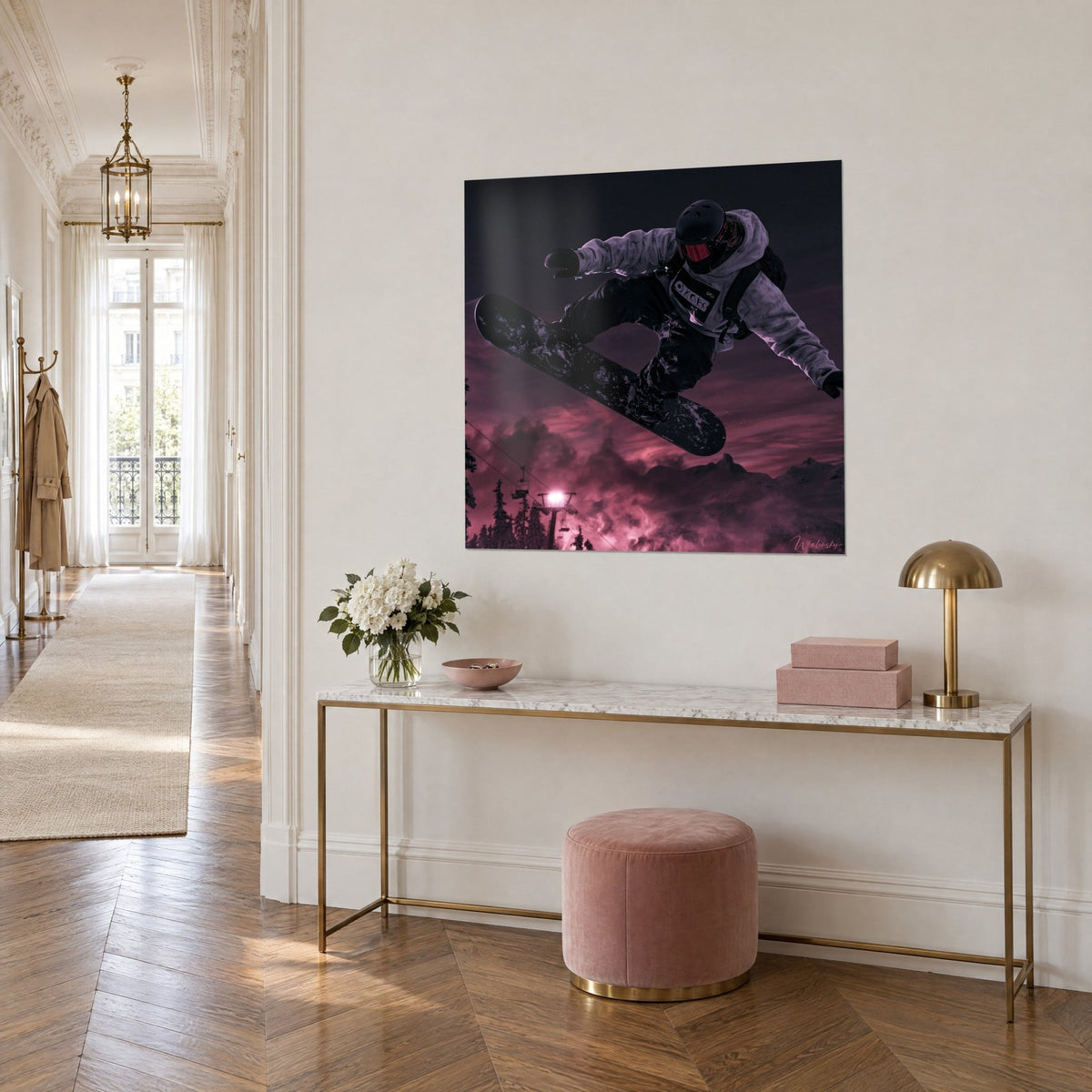 Wall art snowboard held aloft, lilac-grey hood and pink clouds, above a gilded console, Haussmann-style hallway