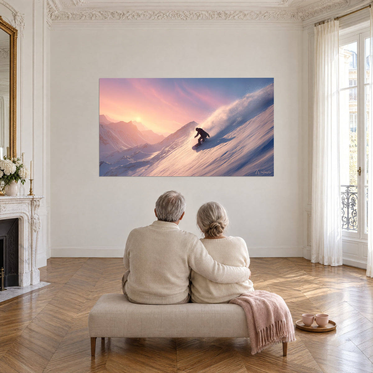 Schilderij snowboard op een ijzige helling, roze pieken en oranje zon aan de horizon, koppel met de rug naar de kijker op een bankje, Haussmann-parket