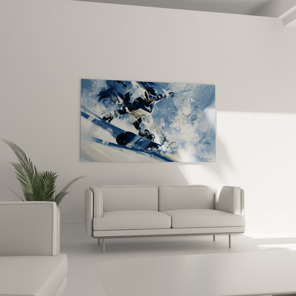 Sportif casqué dévalant la pente en bleu marine et blanc, au-dessus d'un canapé dans un salon lumineux