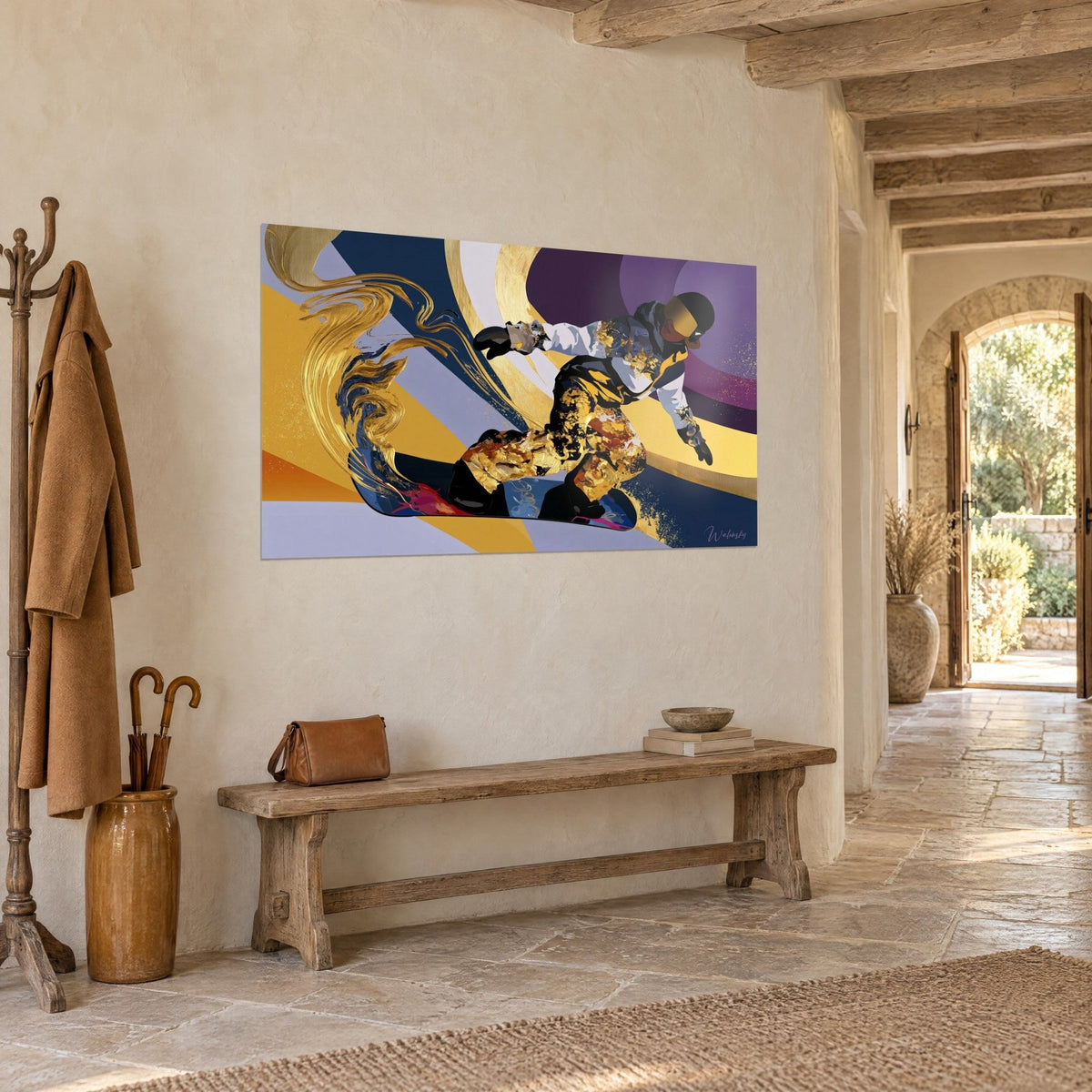 Quadro di un rider in piena discesa, tuta bianca e oro, spirali blu notte e ametista, muro di pietra di una casa di campagna
