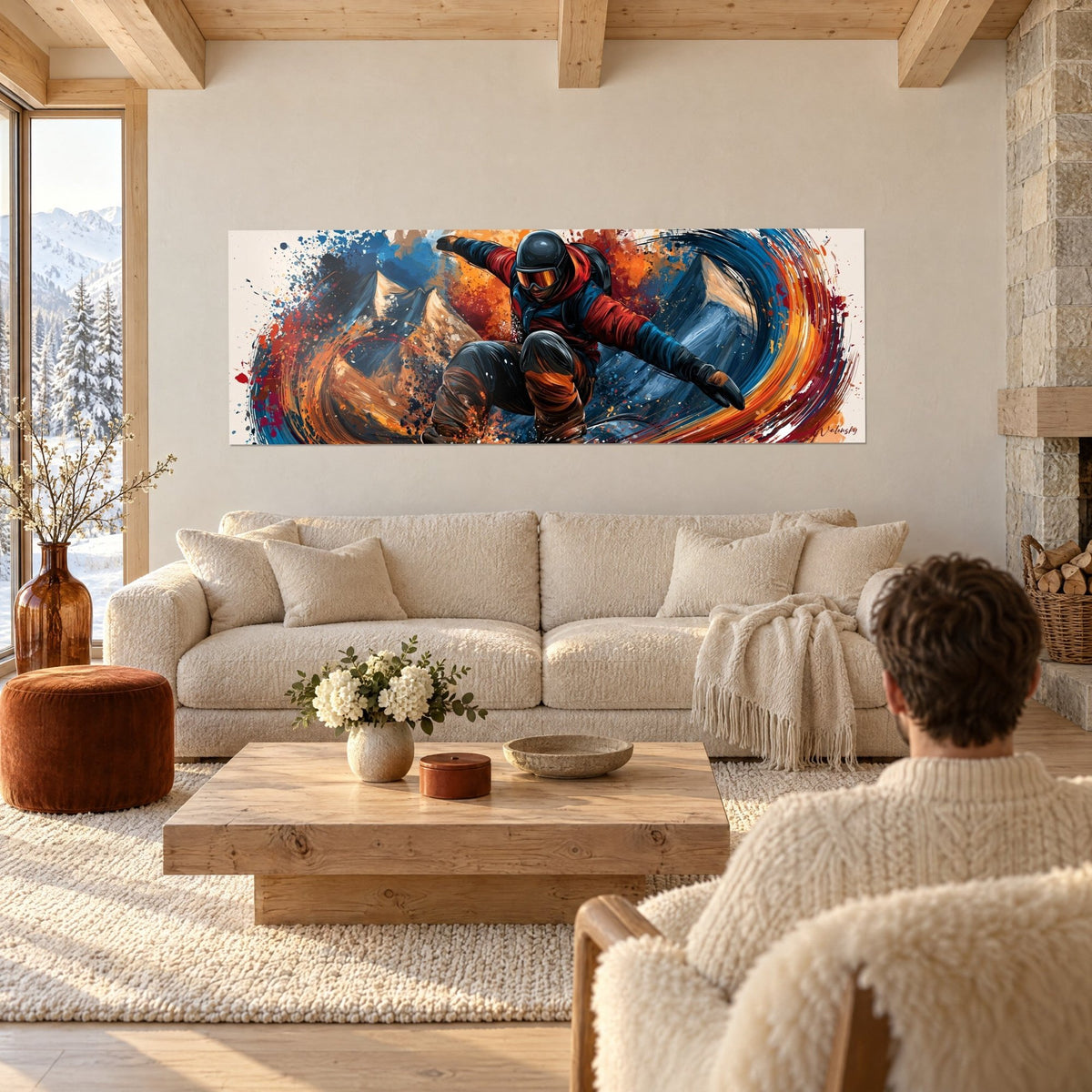 Quadro snowboarder con casco in curva, giacca rossa e blu notte, schizzi arancioni, coppia di schiena, sopra un divano in un soggiorno luminoso