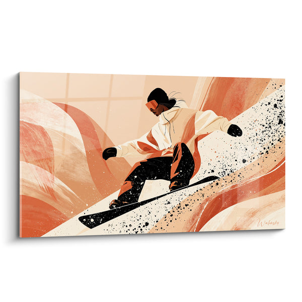 Tableau Snowboardeuse blanche et corail aux vagues sinueuses - Visière orange vif - Edition Snowboard