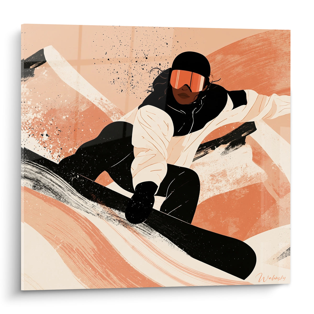 Snowboardeuse en combinaison crème et noire, masque orange, dévalant une pente terracotta stylisée