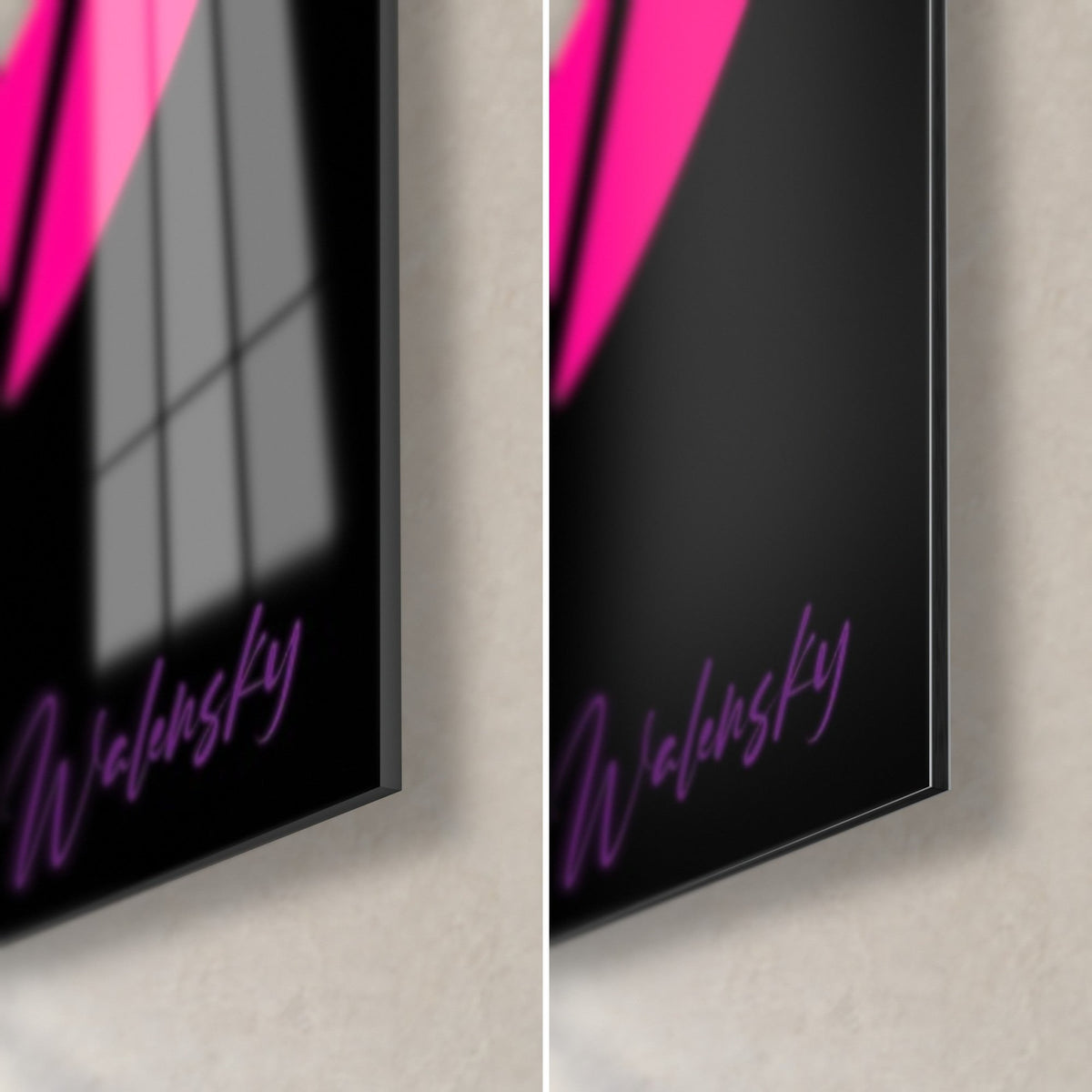 Tableau glisseur à planche rose fluo, coin bas droit : verre acrylique brillant à gauche, Dibond noir mat à droite, tranche de 3 mm