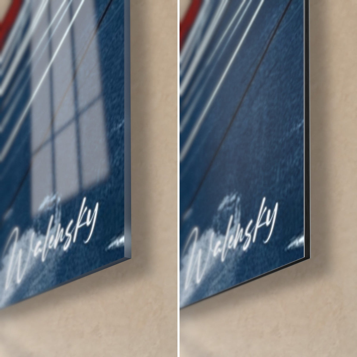 Wall art of a red snowboarder on a blue background, bottom right corner: glossy glass with reflections, matte off-white Dibond aluminium, thin 3 mm edge