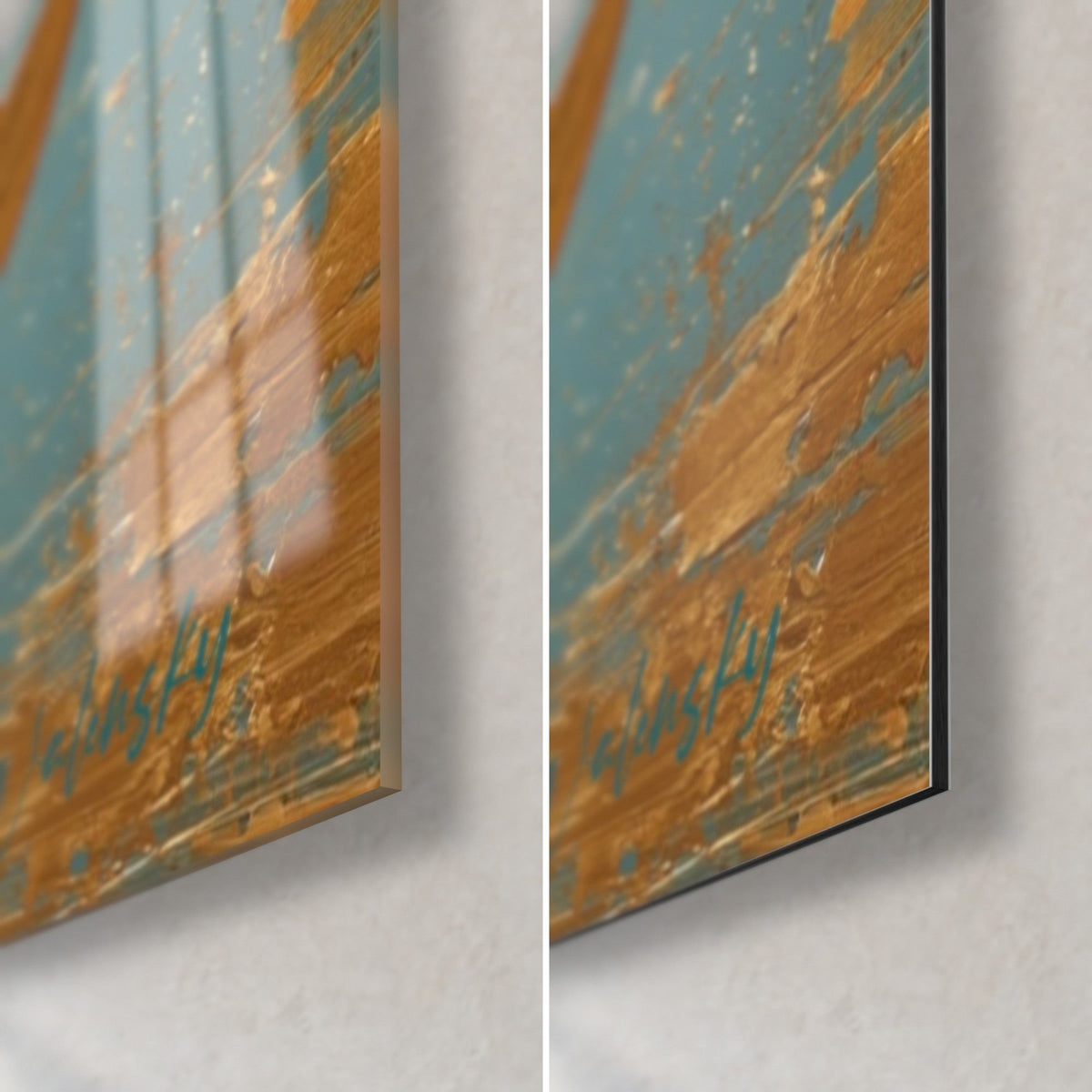 Quadro di uno sciatore di neve, angolo in basso a destra: vetro lucido con riflessi a sinistra, Dibond opaco turchese e oro a destra, bordo di 3 mm