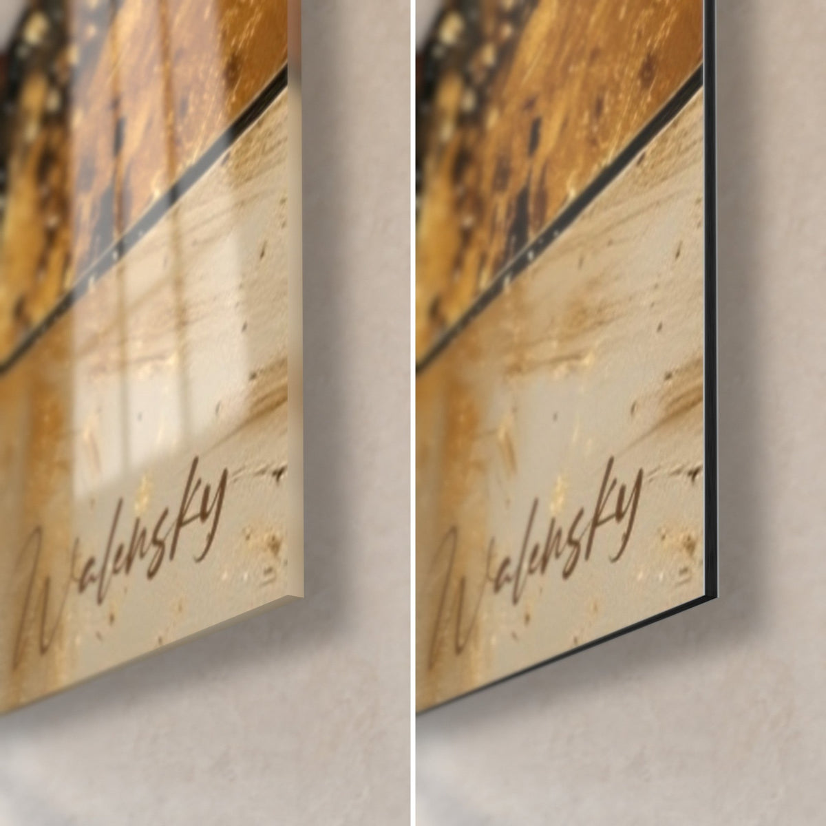 Schilderij snowboarder met helm en gouden plukken, rechtsonder: glanzend glas links, mat Dibond-aluminium rechts, rand van 3 mm