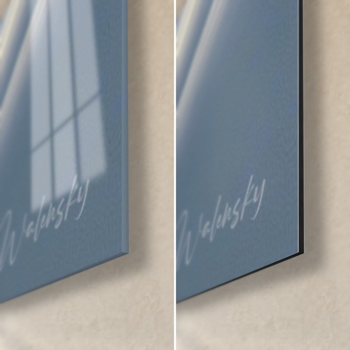 Tableau rider en veste rouge, coin bas droit : verre brillant à reflets, Dibond mat gris-bleu, tranche de 3 mm et signature