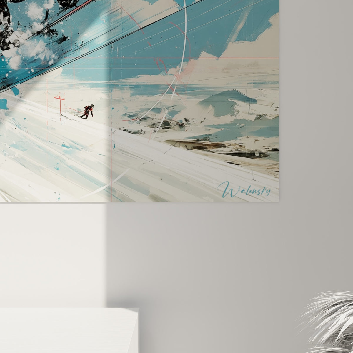 Éclaboussures blanches et noires en gros plan révélant le grain pictural et les touches bleu glacier de l'impression