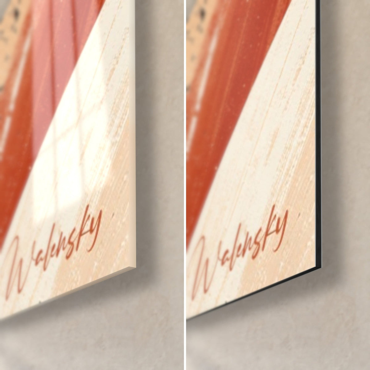 Schilderij snowboarder in terracotta en crème, rechtsonder, Walensky-signatuur, glanzend acrylglas en mat Dibond-aluminium, dikte 3 mm