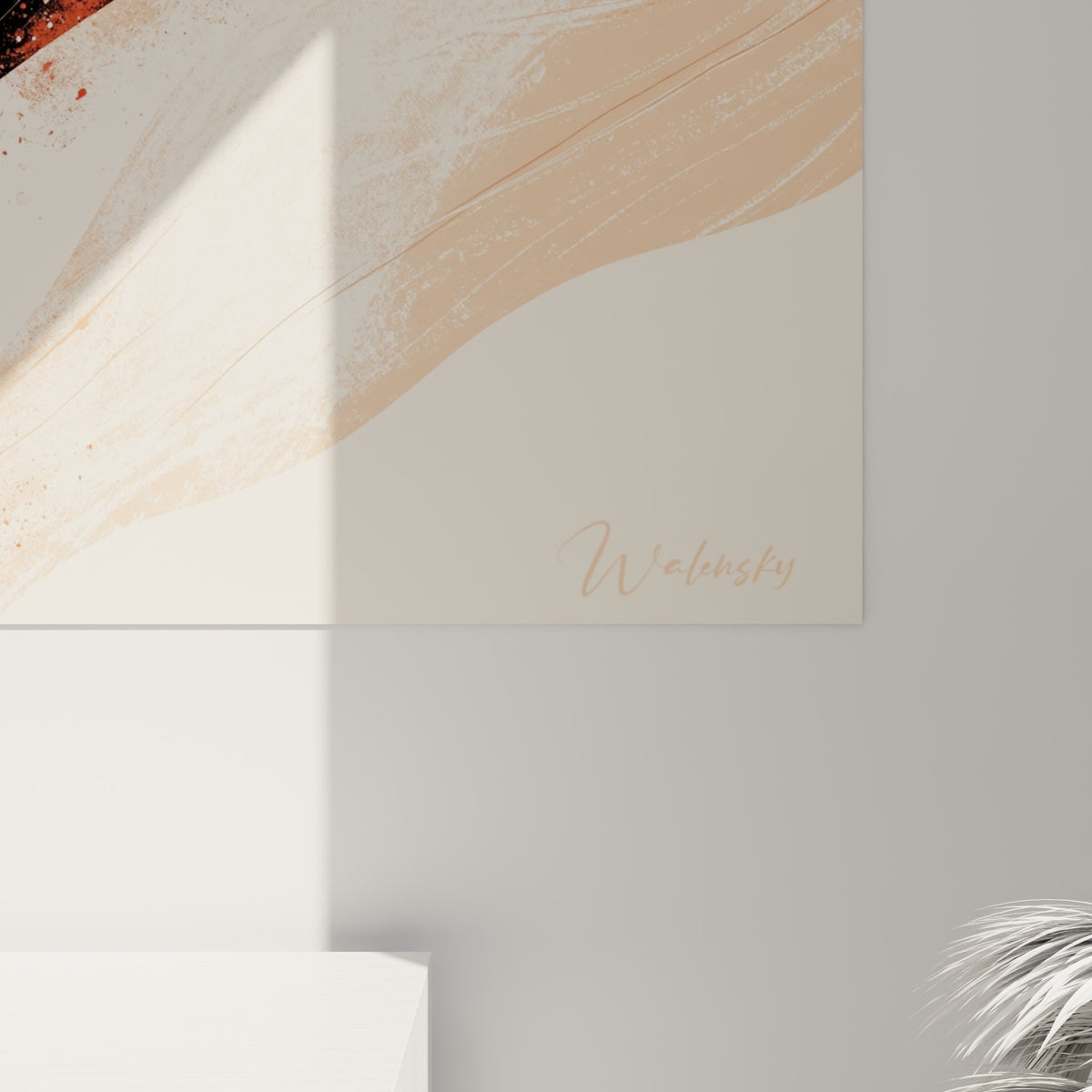 Détail des éclaboussures noires et du dégradé terracotta crème sur la toile du snowboardeur
