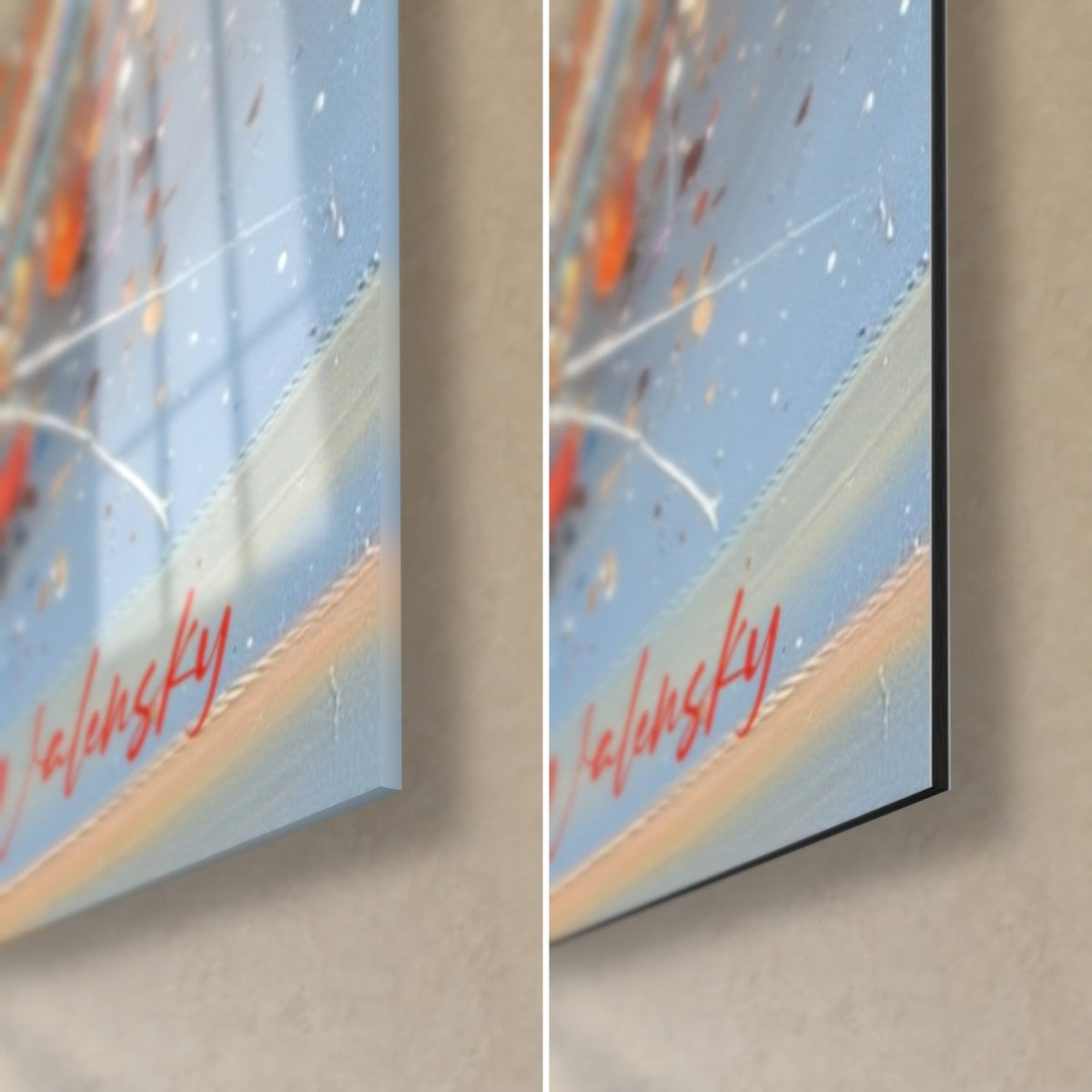 Tableau rider souriant en veste mosaïque, coin bas droit : signature rouge Walensky sur bleu ciel, verre brillant à gauche, Dibond noir mat à droite