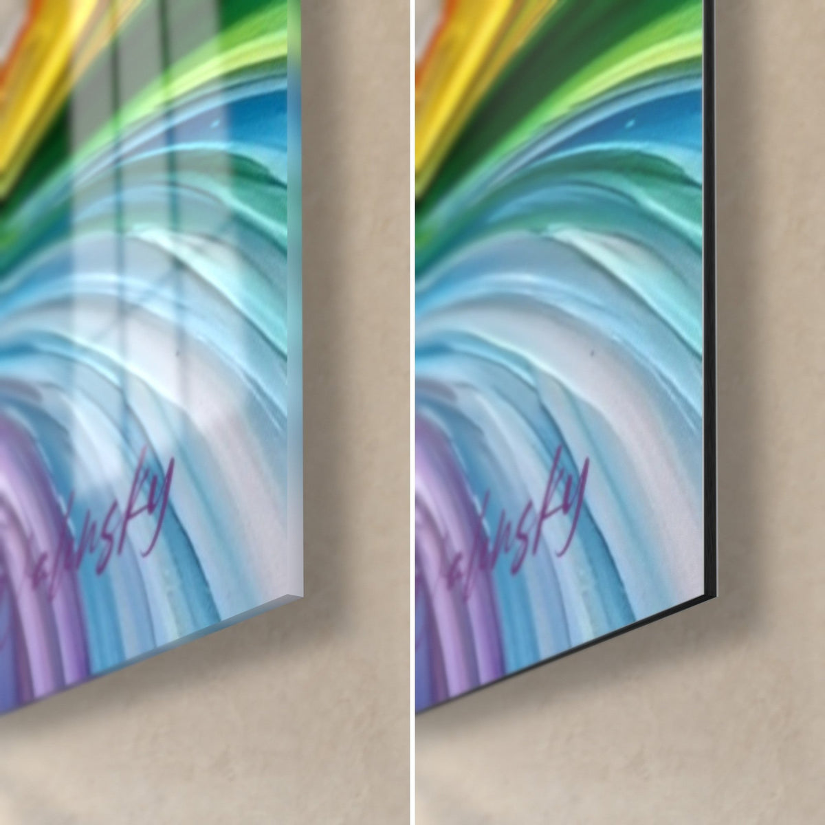 Tableau glisseur en peinture épaisse, tourbillon violet et turquoise, signature Walensky, coin en verre brillant et Dibond mat