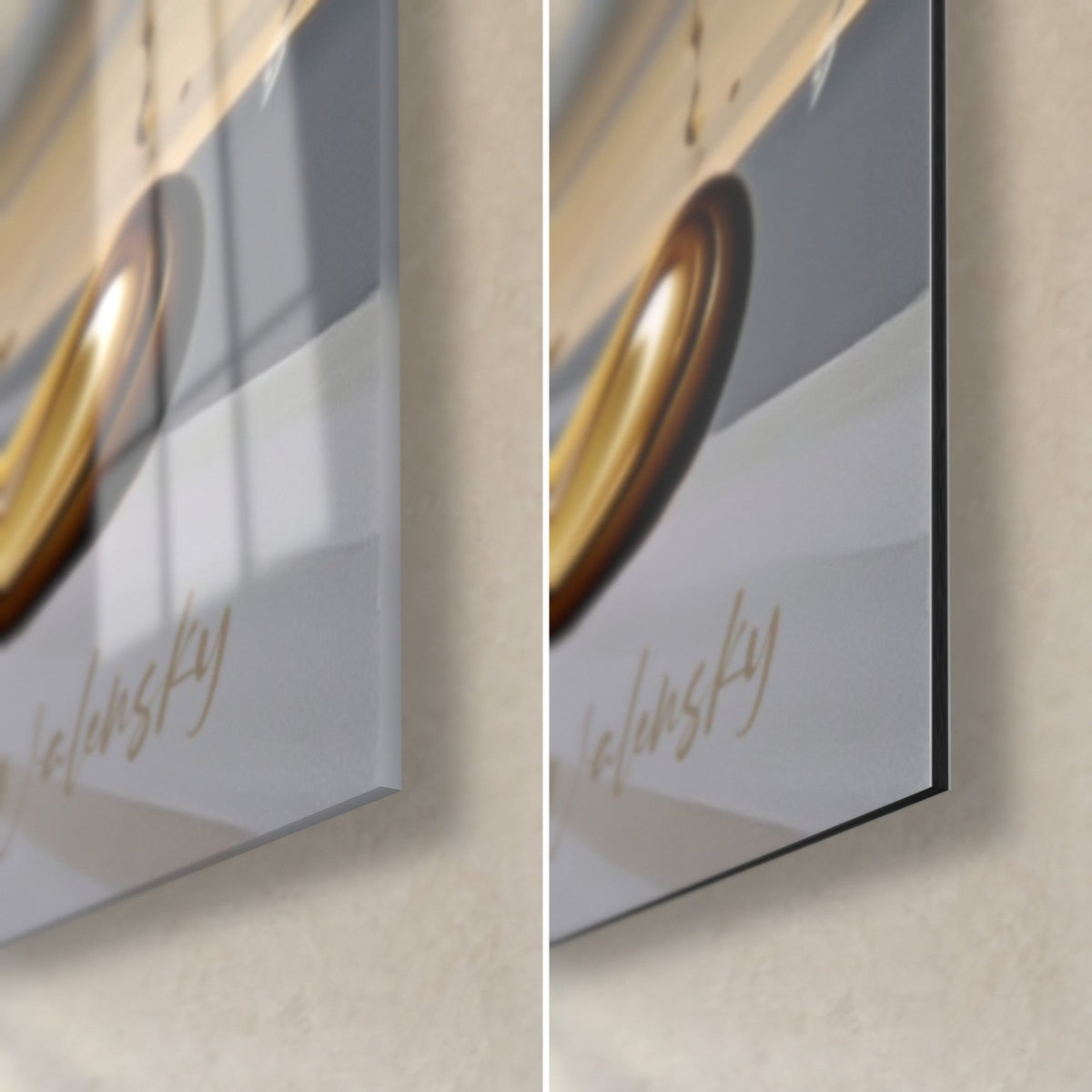 Cuadro deslizador con traje dorado, esquina inferior derecha: cristal acrílico brillante y aluminio Dibond gris mate, canto de 3 mm
