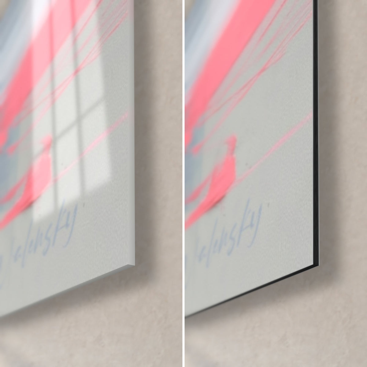 Tableau sportif de glisse, coin bas droit : reflets sur verre brillant, alu Dibond noir mat, rose vif et gris perle