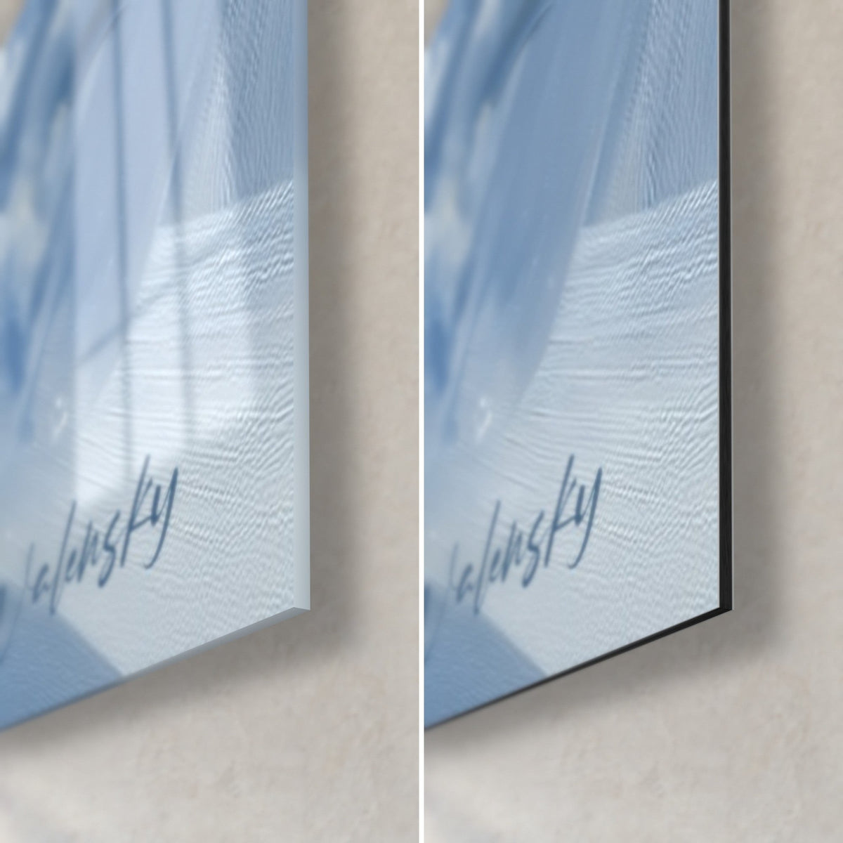 Wall art of a snowboarder in navy blue, bottom right corner in glossy acrylic glass and matte Dibond aluminium, visible 3 mm edge
