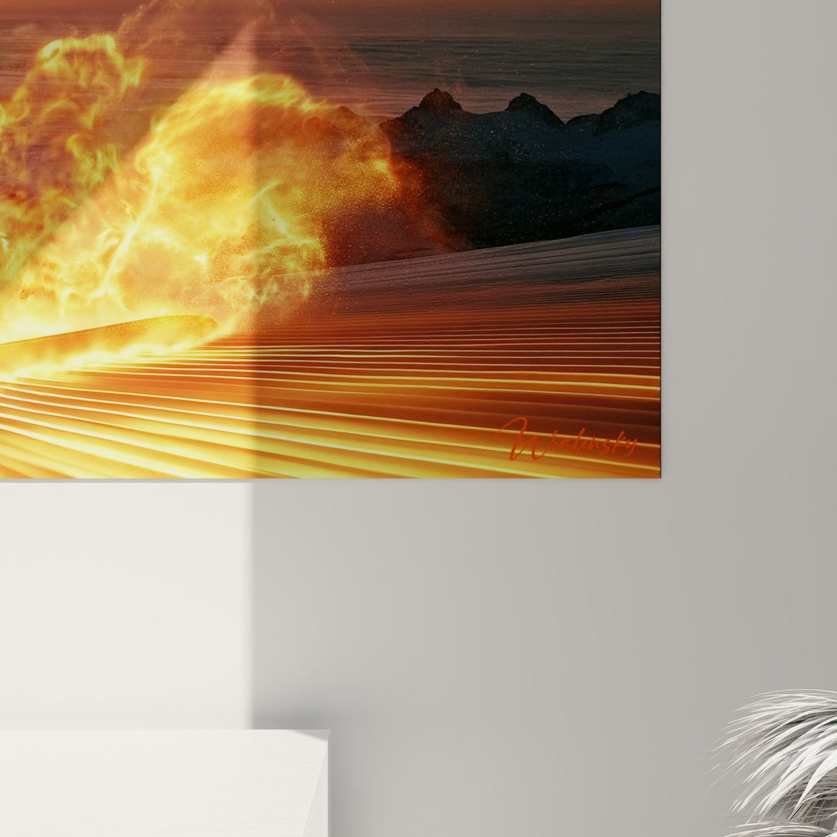 Empâtements de peinture révélant les flammes dorées et les reflets orangés sur la planche du snowboardeur